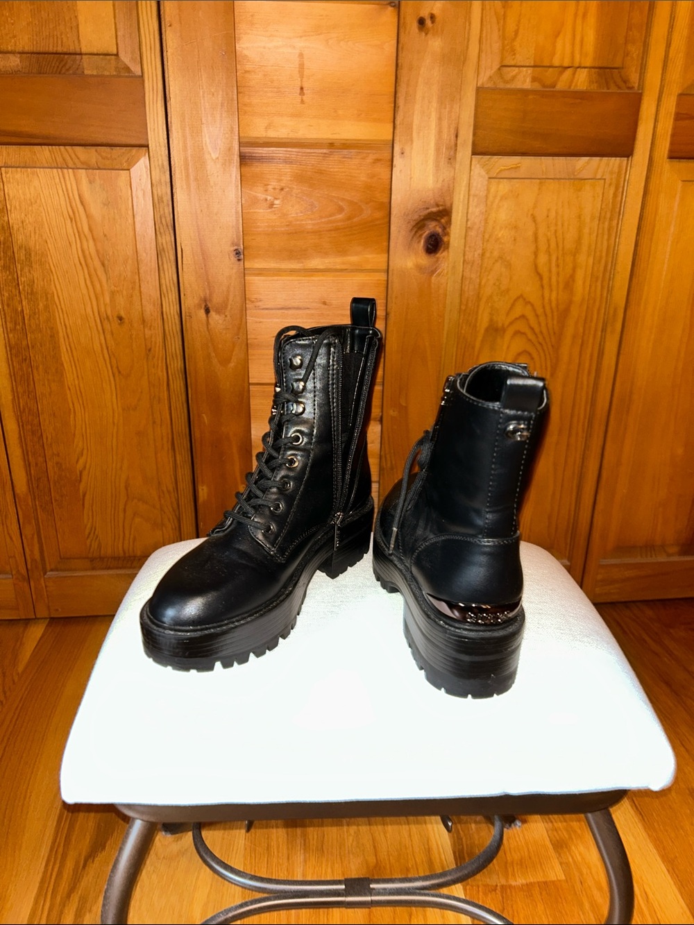 Guess Black Lace-Up Combat Boots with Metal Accents